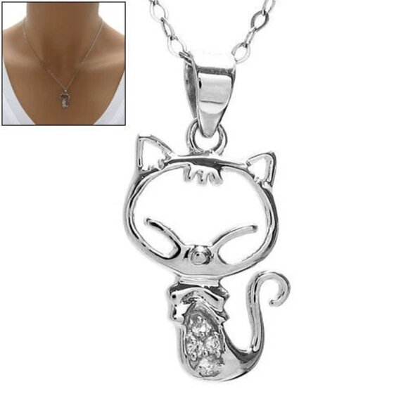 STERLING SILVER CUTE LITTLE KITTY CAT PENDANT WITH MICRO-PAVE CZS - Picture 1 of 3